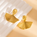 Ginkgo leaf shaped stainless steel earrings with matte gold finish on white podium - Ginkgo Leaf Earrings (BJGE1372)