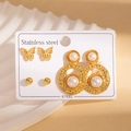 Set di 3 paia di orecchini dorati in acciaio inox con farfalla e cerchio con perla - Set Farfalla con Perla Artificiale Martellata (BJGE1214)