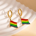 Gold hoop earrings featuring rainbow flag charms with the text love is love - LOVE IS LOVE Rainbow Flag Earrings (BJGE1196)
