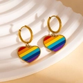 Chic rainbow heart hoop earrings in gold plated stainless steel with colorful enamel stripes - Diagonal Striped Rainbow Heart Earrings (BJGE1198)