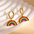 Rainbow hoop earrings in gold stainless steel with vibrant colorful enamel pendants - Six Color Rainbow Bridge Earrings (BJGE1199)