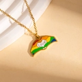 Gold stainless steel necklace with a rainbow enamel heart pendant and 'love' engraving - Love Heart Gesture Necklace (BJGN0467)