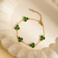 Gold stainless steel bracelet featuring five green clover charms with heart-shaped petals - Heart-Shaped Style (BJGB0210) / Green / Bracelet