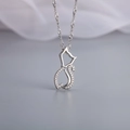 Minimalist silver cat pendant necklace with pavé zircon stones on twisted rope chain - Silver