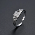 Bague ouverte argentée minimaliste avec zircon carré et design à triple anneau ajouré - Argent