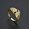 Macro shot of gold butterfly heart ring with cubic zirconia stones and adjustable open band - Double Heart Open Style (R048-Gold) / Gold