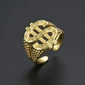 Detailed close-up of golden dollar sign ring with embossed dot texture on band - Gold