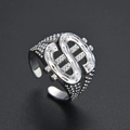 Men's hip hop silver open ring with dollar sign and micro-pave crystals - Silver