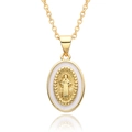 Collar religioso de oro con colgante ovalado de la Virgen María en esmalte blanco - Estilo de Relieve Blanco (A052)