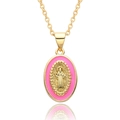 Colgante religioso ovalado dorado con esmalte rosa e icono de la Virgen María con cadena - Estilo de Relieve Rosa Brillante (A053)