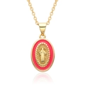 Collar religioso con colgante ovalado de Virgen María y borde de esmalte magenta vivo - Estilo de Relieve Rosa Rojo (A054)