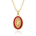Colgante religioso ovalado dorado con esmalte rojo y cadena de eslabones - Estilo de Relieve Rojo (A055)