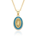 Détail du pendentif religieux ovale doré avec émail bleu et relief de Marie - Style de Relief Bleu Ciel (A059)