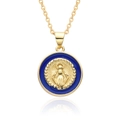 Détail du pendentif de la Vierge Marie avec émail bleu et chaîne en métal doré - Bleu Foncé (A038)