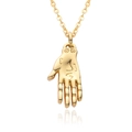 Vintage gold hand-shaped charm necklace with engraved mystic details on white background - Totem Hand Palm Style (A209)