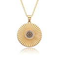 Golden coin necklace with sunburst texture and blue crystal evil eye pendant - Evil Eye Style (c190)