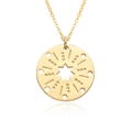 Detailed close-up of golden round sunburst pendant with starburst engraving and thin chain - Hollow Starburst Style (c194)