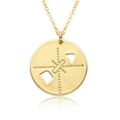 Detailed macro view of a gold circular cupid pendant necklace with diamond accents - Cross Geometric Style (c196)