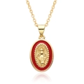 Dettaglio del ciondolo ovale della Vergine Maria con smalto rosso e catena dorata - Rosso Brillante