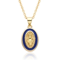 Dettaglio di un ciondolo religioso ovale in oro con smalto blu e rilievo di Maria - Blu scuro