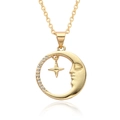 Minimalist gold moon and star pendant necklace with cubic zirconia for women - Anthropomorphic Moon Face Star Zirconia Style (A197)
