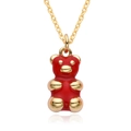 Detailed view of red resin bear pendant with 18K gold plated chain and zircon accents - Red