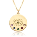 Gold plated evil eye disc necklace with multicolor zircon stones on white background - Green Eye Multicolor Zircon Round Style (c517)