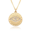 Gold plated evil eye disc pendant necklace with cubic zirconia on white background - Sunburst Radiant Eye Round Style (c518)