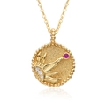 Vintage 18K gold plated coin necklace featuring hand relief and red gemstone pendant - Hand Holding Ruby Style (B143)