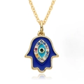 Collier Main de Fatima dorée avec œil en émail bleu et pierres en zircon colorées - Style Émail Bleu (B266)