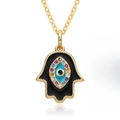 Collier main de Hamsa dorée avec pendentif œil du diable en zircon sur fond blanc - Style Émail Noir (B264)