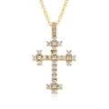 Collier croix plaqué or élégant avec cristaux blancs et pointes florales sur chaîne fine - Croix Botonnée (D136)