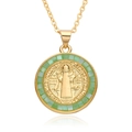 Religious Saint Benedict medal necklace with gold chain and green crystal border decor - Green Mosaic Style (m076)