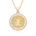 Religious St. Benedict medallion necklace in gold finish with white inlay and zircon accents - White Mosaic Style (m078)