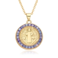 Golden Virgin Mary pendant with blue purple mosaic border on elegant thin link chain - Blue-Purple Mosaic Style (m079)