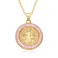 Detailed macro view of gold religious pendant with pink mother-of-pearl and St. Benedict medal - Pink Mosaic Style (m080)