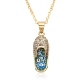 Golden flip-flop pendant necklace with blue evil eye enamel and micro-pave crystals - Lake Blue Slipper Style (h083)