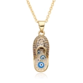 Gold-plated flip-flop pendant necklace with sparkling zircons and blue evil eye charms - White Slipper Style (h084)