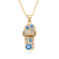 Golden flip-flop pendant necklace with blue evil eye charms and sparkling zircon crystals - Beige Style (h020)