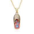 Golden flip-flop pendant necklace with micro-pave zircons and evil eye enamel charms - Pink Slipper Style (h086)