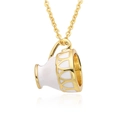 Elegant gold metal long necklace featuring a white enamel magic teacup pendant with reflection - White (h166)