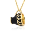 Detailed macro shot of a black enamel tea cup pendant with elegant gold plated hollow pattern - Black (h172)
