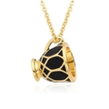 Collier long doré avec pendentif théière en émail noir orné d'un motif de grille alvéolée - Style Théière Noire (h181)
