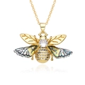 Golden bee necklace with crystal center and colorful enamel wings on white background - Blue-Green-Yellow Gradient Bee Style (g065)