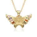 Elegant gold butterfly pendant necklace with colorful rectangular gemstones on white background - Colorful Gem Vintage Butterfly Style (E355)