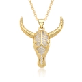 Macro shot of 18k gold bull head pendant necklace with shimmering crystal inlay - Spiral Texture Horn Style (E300)