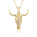 Golden bull head necklace with shimmering white zircon crystals on a fine link chain - Western Charm Style (E303)