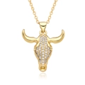 Golden 18k bull head pendant necklace with white zircon pavé on a classic cable chain - Rugged Skeleton Style (E302)