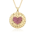 Collier doré avec pendentif cœur en zircon rose et texture radiale en forme de soleil - Style Rond Cœur Zirconium Rose (E408)