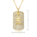 Detail view of 18k gold pendant with Her King crown engraving and clear zircon stones - Full Diamond Crown Her King Military Tag Style (E388)